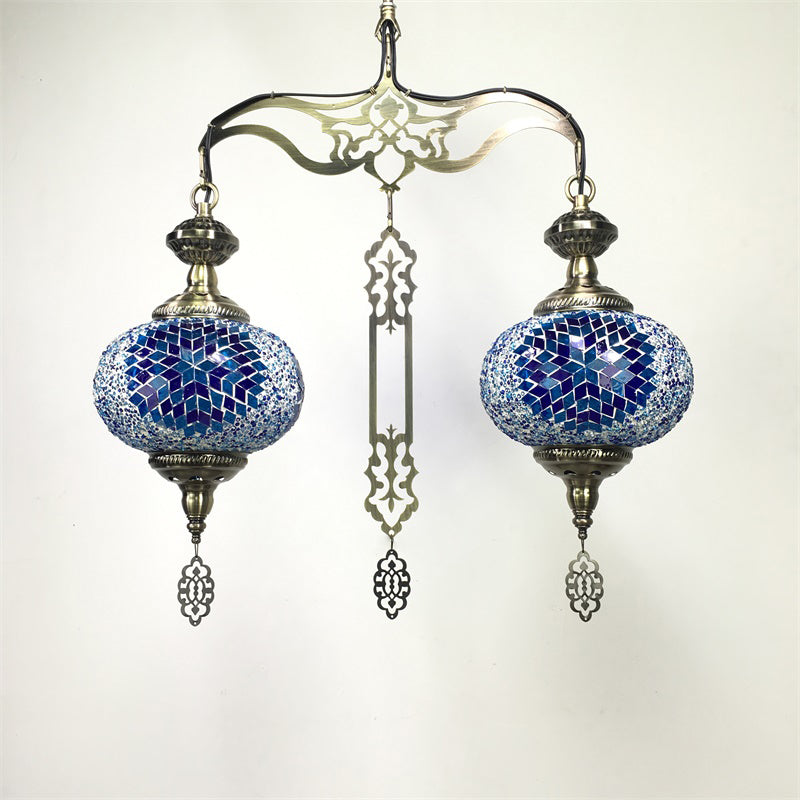 Traditional 2-Head Red/Blue Glass Chandelier Pendant Light For Hallway - Global Blue