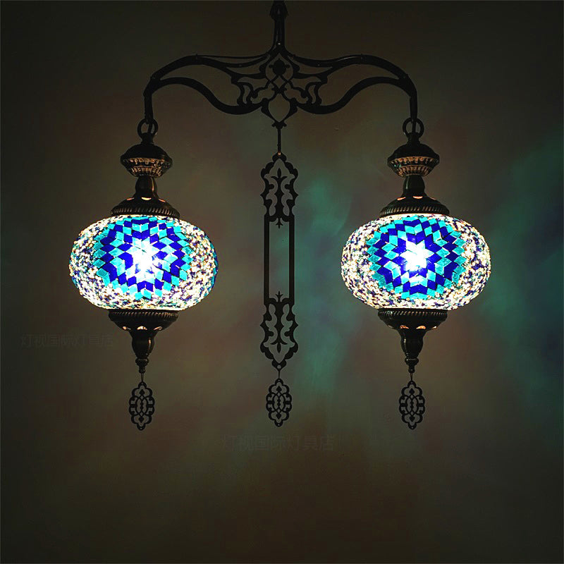 Traditional 2-Head Red/Blue Glass Chandelier Pendant Light For Hallway - Global