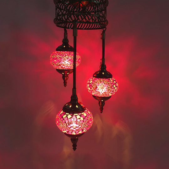 Tradition Pink/Red-Blue-Coffee Glass 3-Bulb Sphere Ceiling Chandelier - Elegant Suspended Lighting