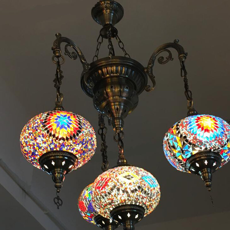 Colorful Glass Lantern Chandelier With Hanging Suspension - 4 Bulb Brass Light For Living Room