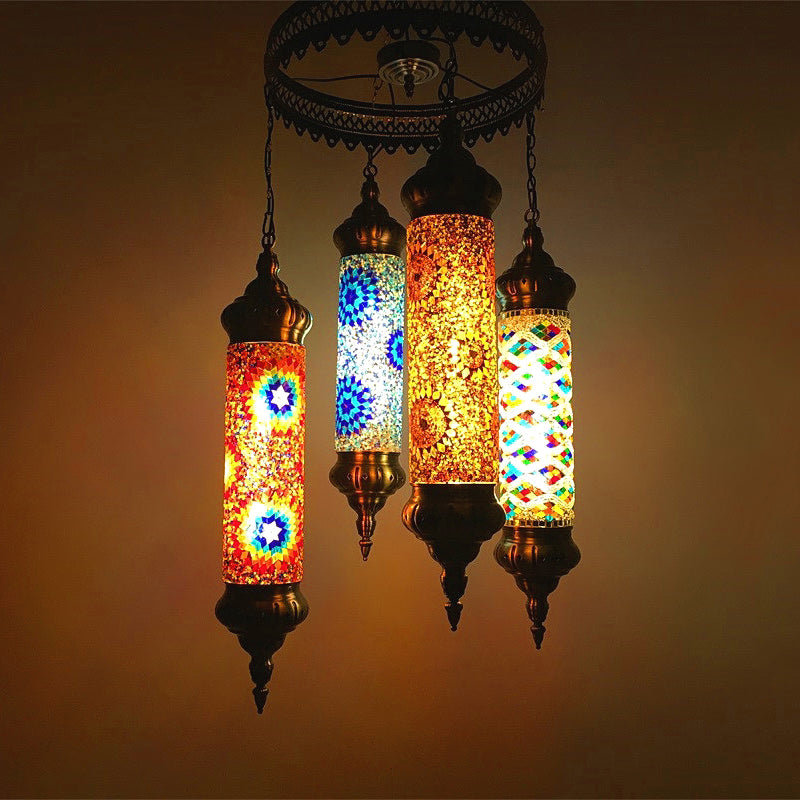 Vintage Bronze Cylindrical Chandelier With Colorful Glass - 4 Bulb Pendant Light For Living Room