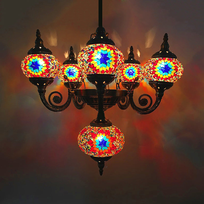 Curved Arm Pendant Chandelier: Traditional Red/Blue/Orange Red Glass 6-Bulb Hanging Light Fixture