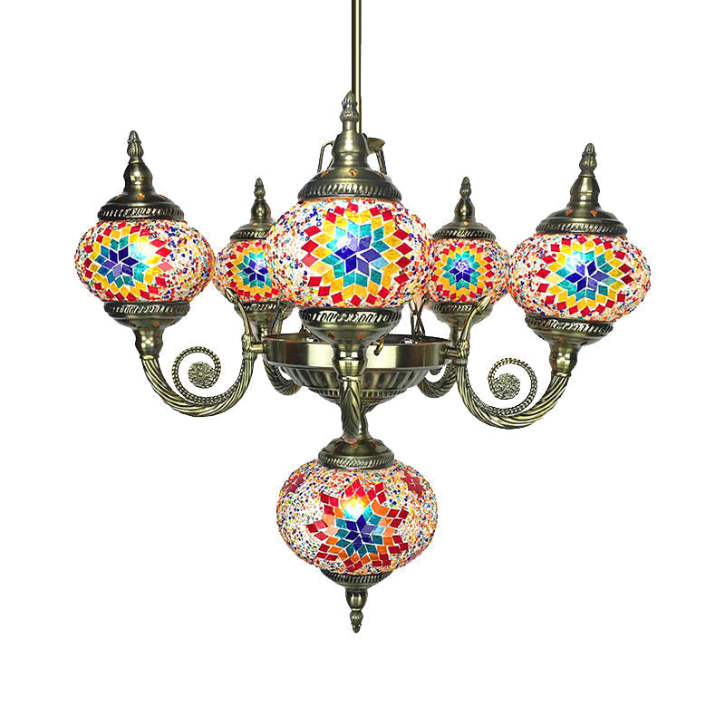 Curved Arm Pendant Chandelier: Traditional Red/Blue/Orange Red Glass 6-Bulb Hanging Light Fixture