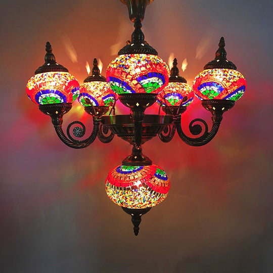 Curved Arm Pendant Chandelier: Traditional Red/Blue/Orange Red Glass 6-Bulb Hanging Light Fixture