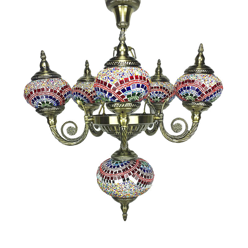 Curved Arm Pendant Chandelier: Traditional Red/Blue/Orange Red Glass 6-Bulb Hanging Light Fixture