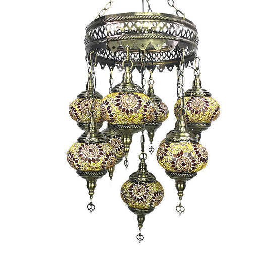 Vintage Lantern Chandelier Lamp - White/Gold/Coffee Glass 9-Head Pendant Lighting Fixture