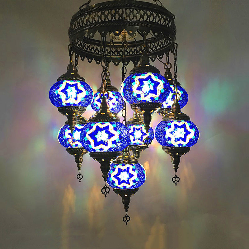 Traditional Sky Blue/Green/Royal Blue Glass Ball Hanging Chandelier - 9 Heads Ceiling Light Fixture