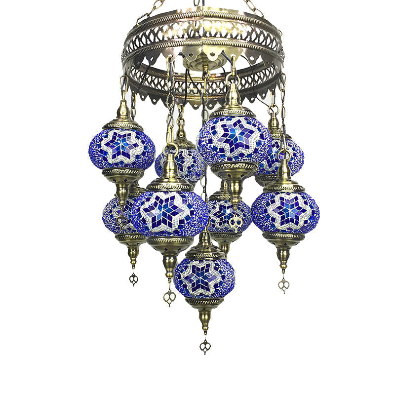 Traditional Sky Blue/Green/Royal Blue Glass Ball Hanging Chandelier - 9 Heads Ceiling Light Fixture