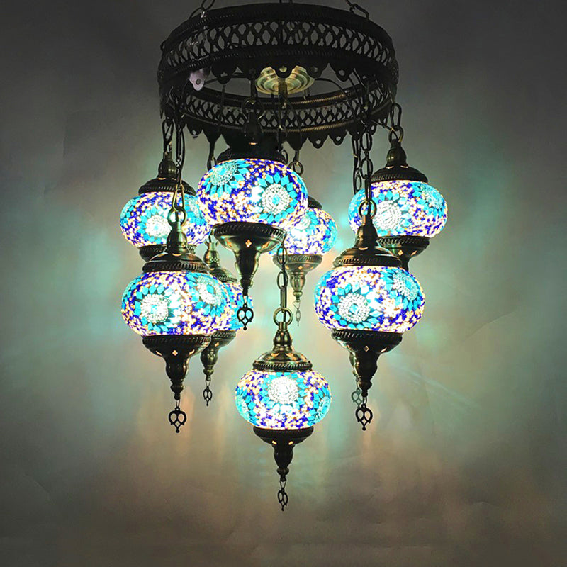 Traditional Sky Blue/Green/Royal Blue Glass Ball Hanging Chandelier - 9 Heads Ceiling Light Fixture