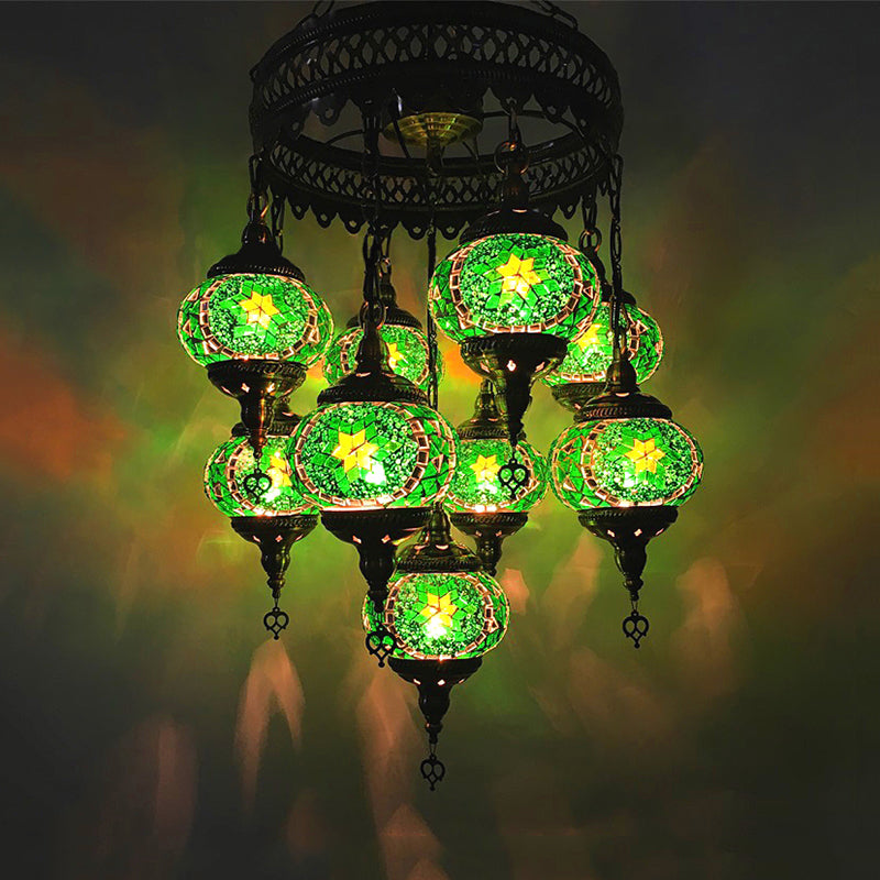 Traditional Sky Blue/Green/Royal Blue Glass Ball Hanging Chandelier - 9 Heads Ceiling Light Fixture