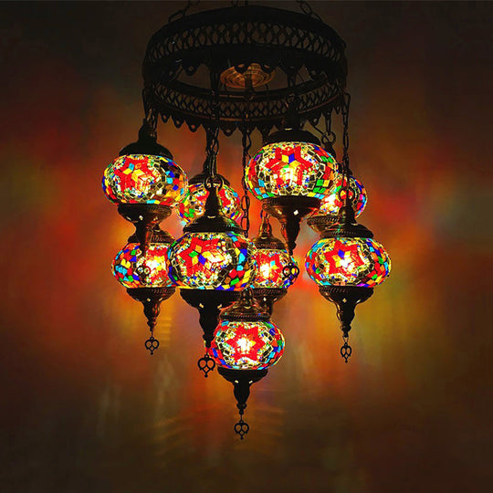 Retro Glass Sphere Chandelier - Vibrant Red/Pink/Orange With 9 Hanging Lamp Heads For Restaurants