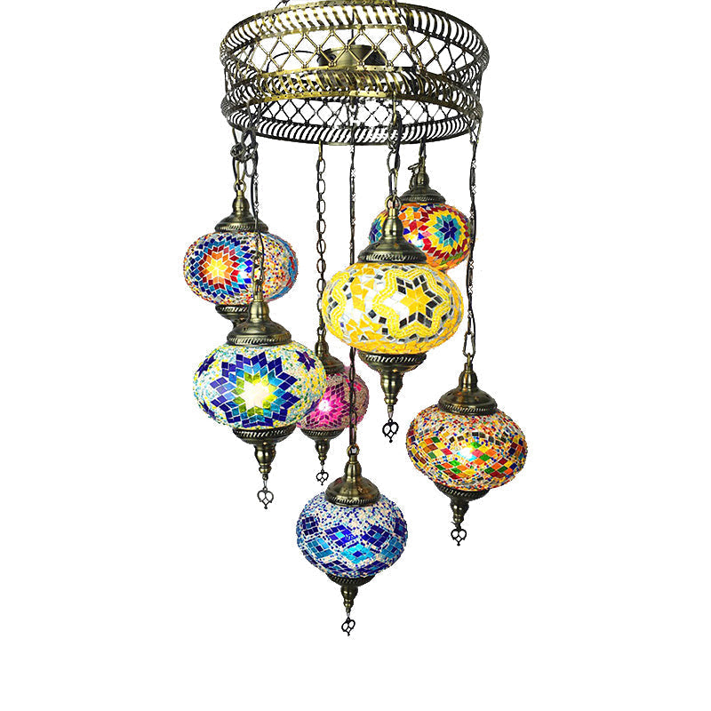 Antique Bronze 7-Head Chandelier With Colorful Glass Shades - Elegant Living Room Lighting Fixture