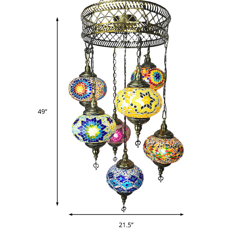 Antique Bronze 7-Head Chandelier With Colorful Glass Shades - Elegant Living Room Lighting Fixture