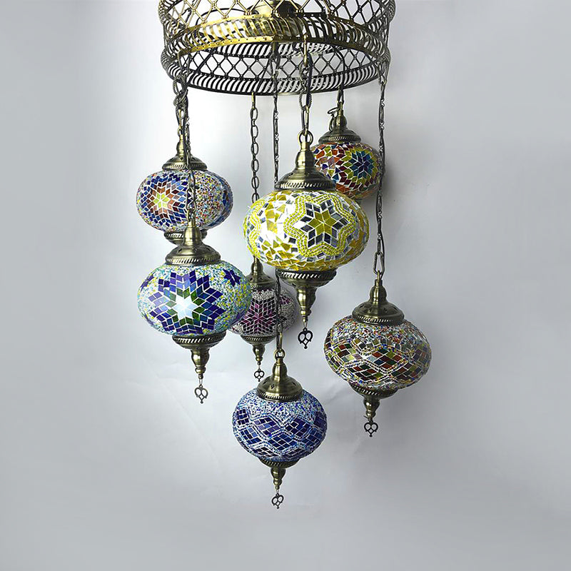 Antique Bronze 7-Head Chandelier With Colorful Glass Shades - Elegant Living Room Lighting Fixture