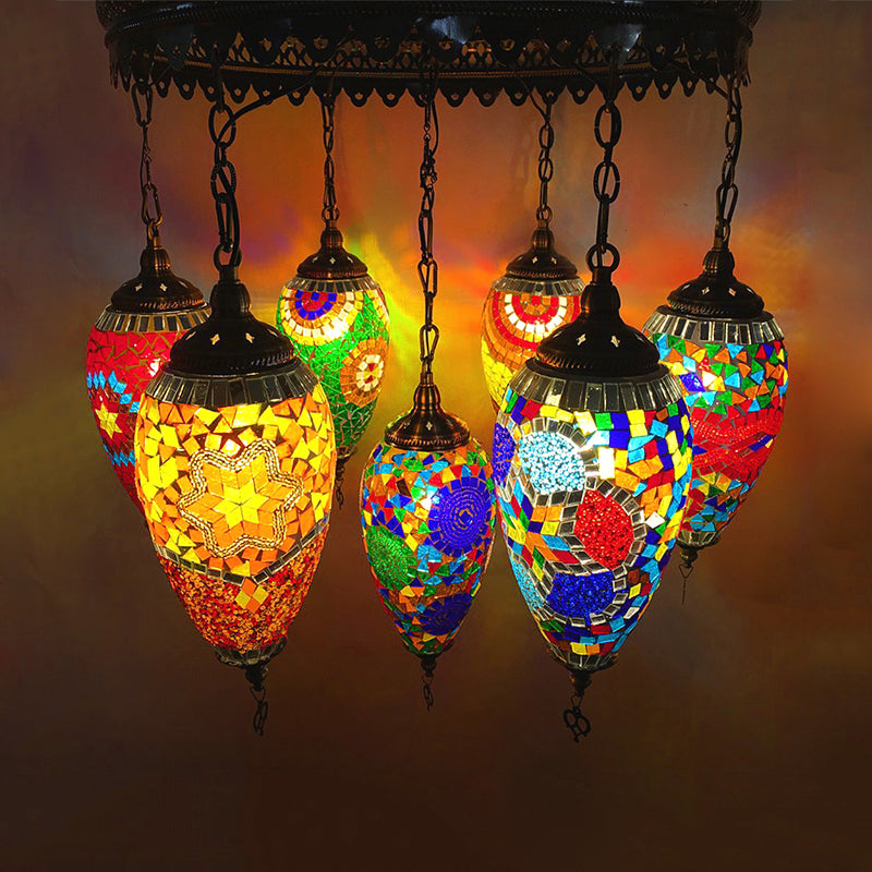 Bronze Teardrop Chandelier Lamp With Colorful Glass Shades - Perfect For Coffee House Ambiance