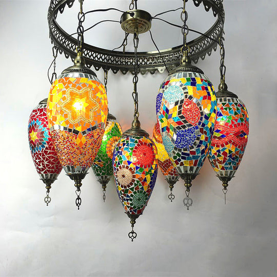 Bronze Teardrop Chandelier Lamp With Colorful Glass Shades - Perfect For Coffee House Ambiance