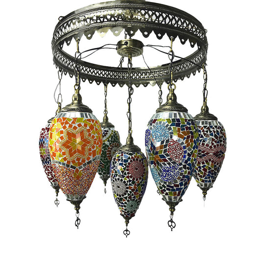 Bronze Teardrop Chandelier Lamp With Colorful Glass Shades - Perfect For Coffee House Ambiance