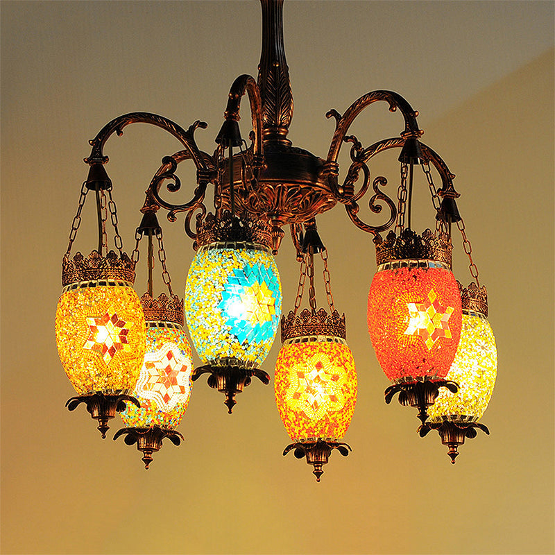 Colorful Glass Vintage Droplet Chandelier With 6 Heads Copper Suspension Light For Restaurants