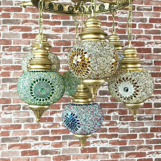 Colorful Retro Glass Globe Ceiling Chandelier - Bronze Pendant Lighting For Living Room