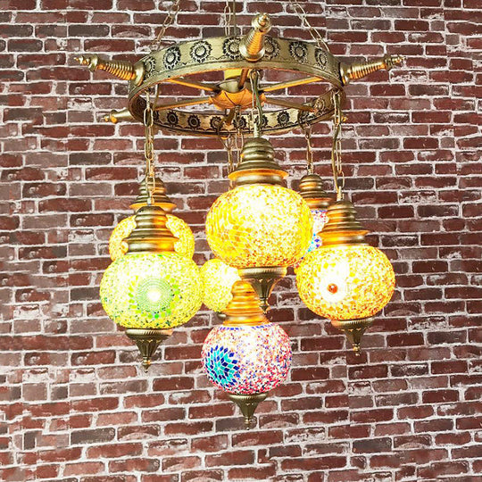 Colorful Retro Glass Globe Ceiling Chandelier - Bronze Pendant Lighting For Living Room