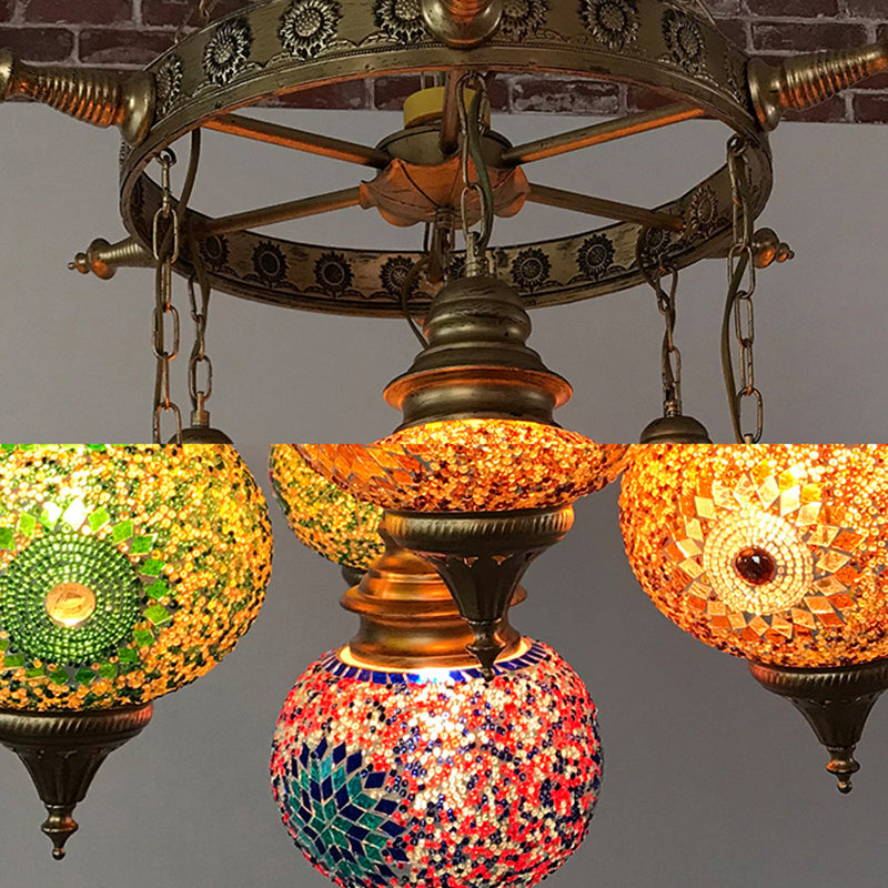 Colorful Retro Glass Globe Ceiling Chandelier - Bronze Pendant Lighting For Living Room