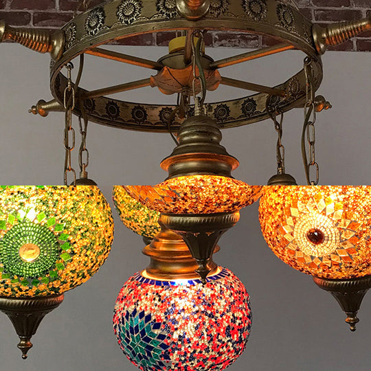 Colorful Retro Glass Globe Ceiling Chandelier - Bronze Pendant Lighting For Living Room