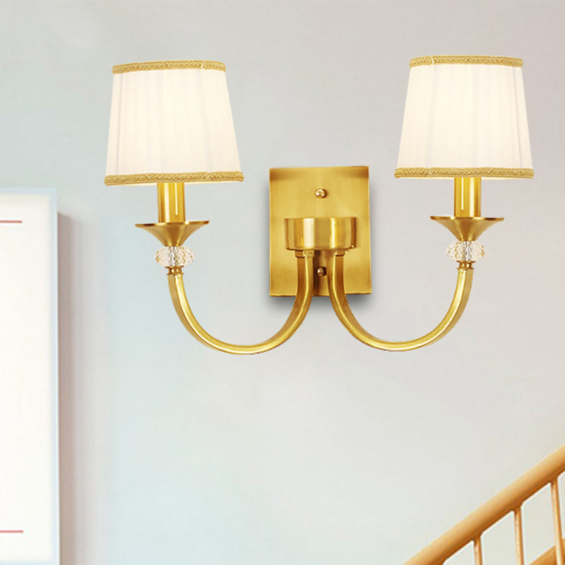 White Fabric Wall Sconce With Traditional Drum And Crystal Accent In Brass - 2 Heads