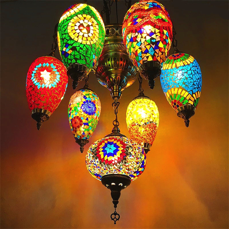 Hanging Chandelier: 7-Bulb Coffee House Tradition Pendant Light With Colorful Glass Shade