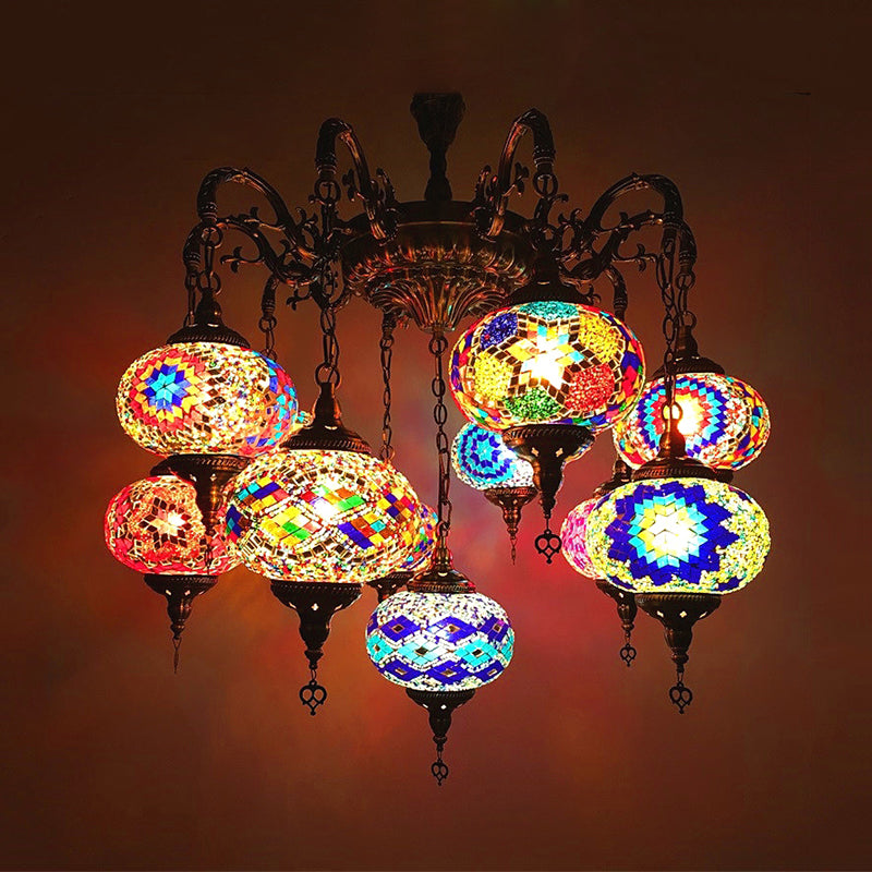 Antique Curved Arm Bronze Chandelier With 11 Glass Shades Global Colorful Hanging Light Kit