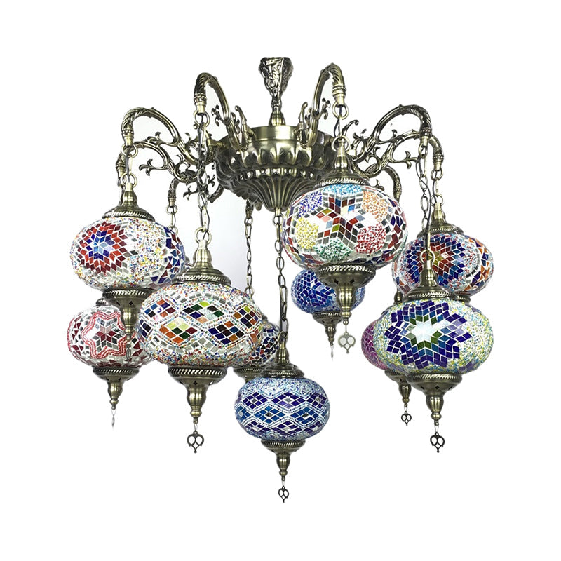 Antique Curved Arm Bronze Chandelier With 11 Glass Shades Global Colorful Hanging Light Kit