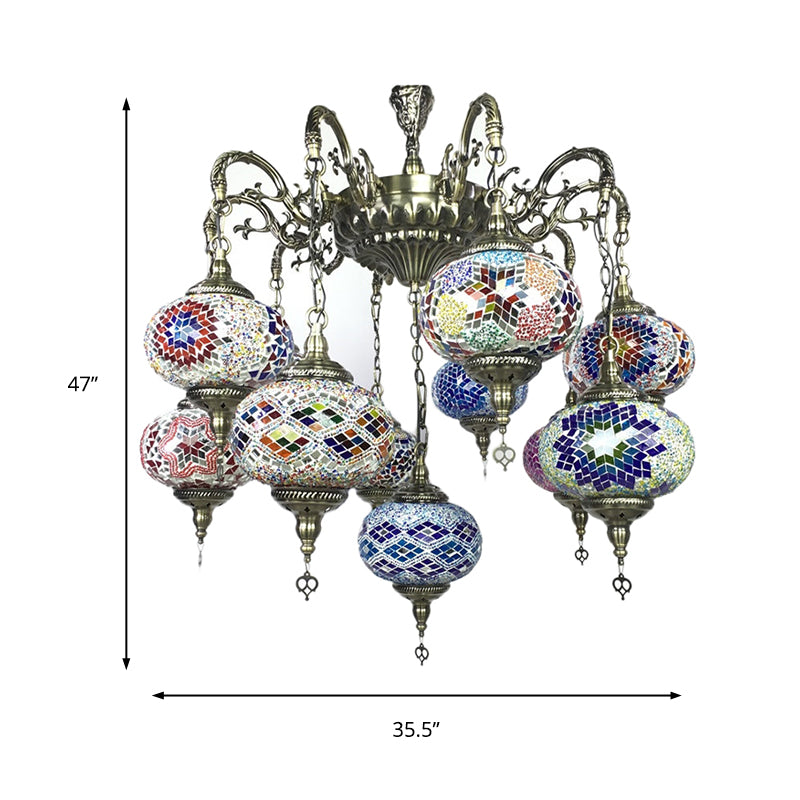 Antique Curved Arm Bronze Chandelier With 11 Glass Shades Global Colorful Hanging Light Kit