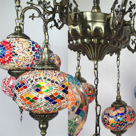 Antique Curved Arm Bronze Chandelier With 11 Glass Shades Global Colorful Hanging Light Kit