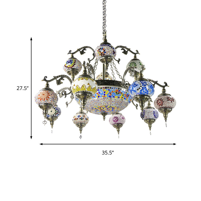 Traditional Curved Arm Metal Chandelier With Colorful Glass Shades - Bronze Finish (15 Heads)