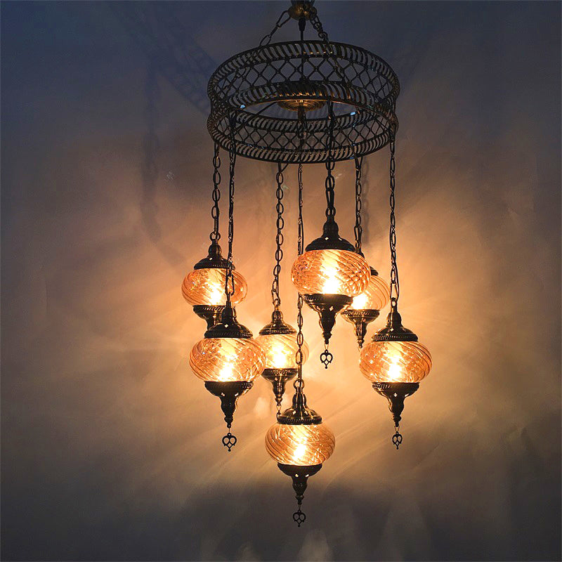 Vintage Bronze Chandelier With Colorful Glass Shades - 3/5/7 Bulbs Pendant Light For Coffee House 7