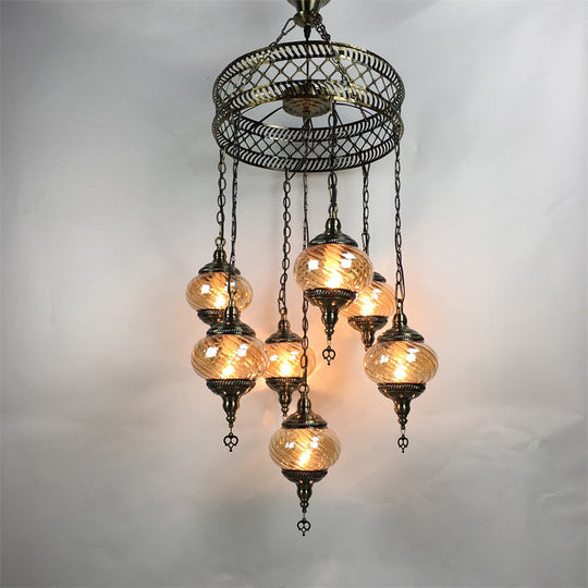 Vintage Bronze Chandelier With Colorful Glass Shades - 3/5/7 Bulbs Pendant Light For Coffee House