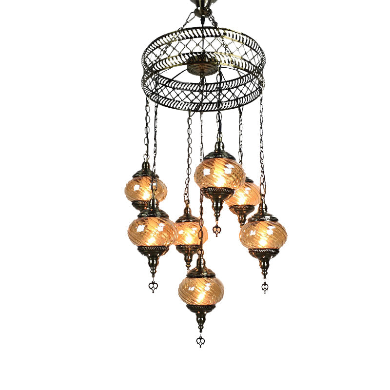 Vintage Bronze Chandelier With Colorful Glass Shades - 3/5/7 Bulbs Pendant Light For Coffee House