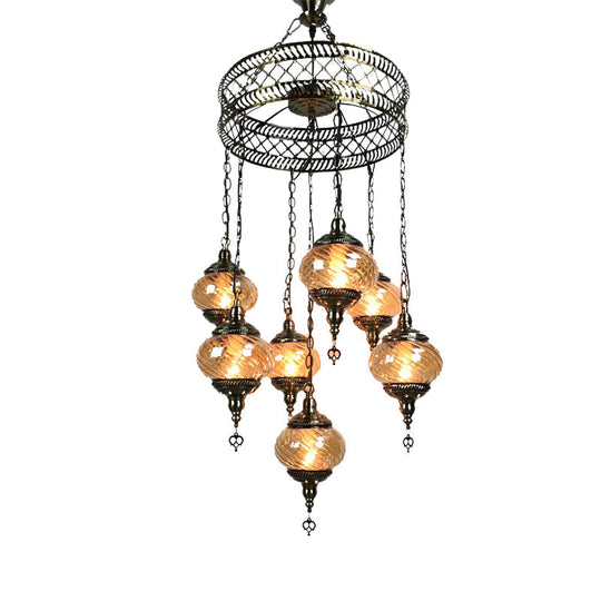 Vintage Bronze Chandelier With Colorful Glass Shades - 3/5/7 Bulbs Pendant Light For Coffee House