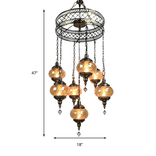 Vintage Bronze Chandelier With Colorful Glass Shades - 3/5/7 Bulbs Pendant Light For Coffee House