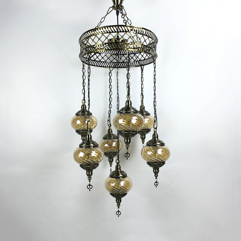 Vintage Bronze Chandelier With Colorful Glass Shades - 3/5/7 Bulbs Pendant Light For Coffee House