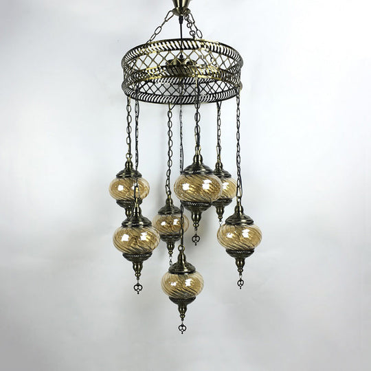 Vintage Bronze Chandelier With Colorful Glass Shades - 3/5/7 Bulbs Pendant Light For Coffee House