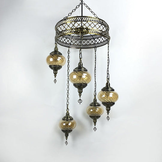 Vintage Bronze Chandelier With Colorful Glass Shades - 3/5/7 Bulbs Pendant Light For Coffee House 5