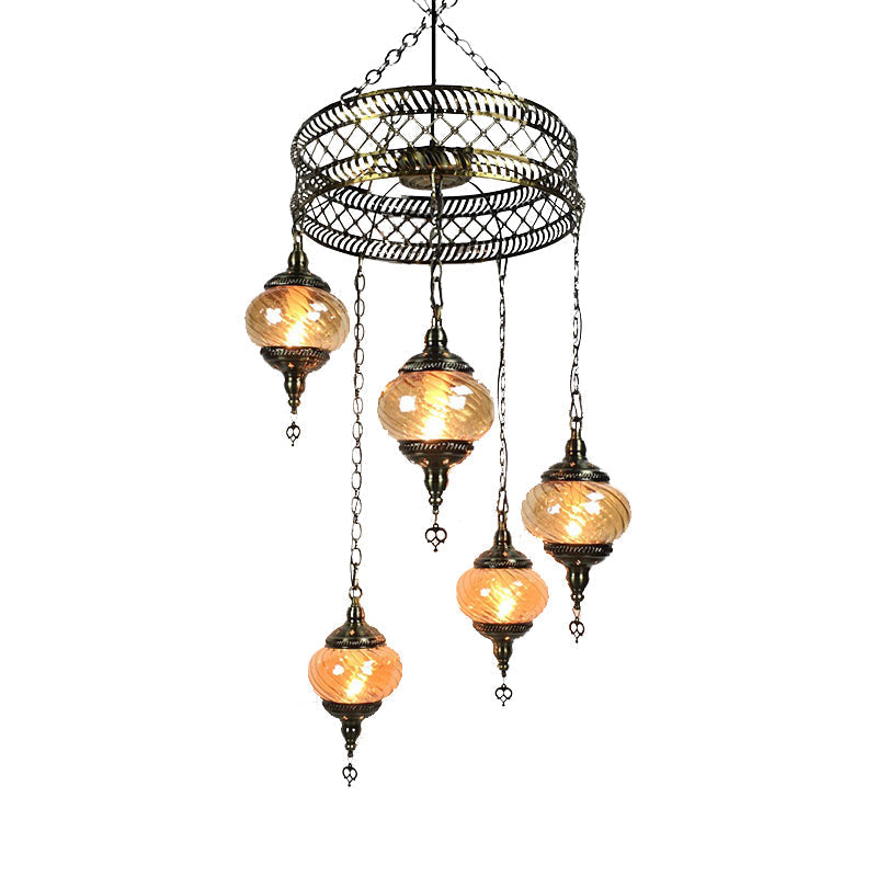 Vintage Bronze Chandelier With Colorful Glass Shades - 3/5/7 Bulbs Pendant Light For Coffee House