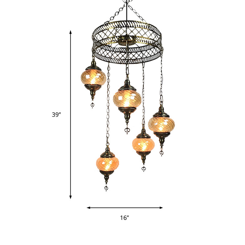 Vintage Bronze Chandelier With Colorful Glass Shades - 3/5/7 Bulbs Pendant Light For Coffee House