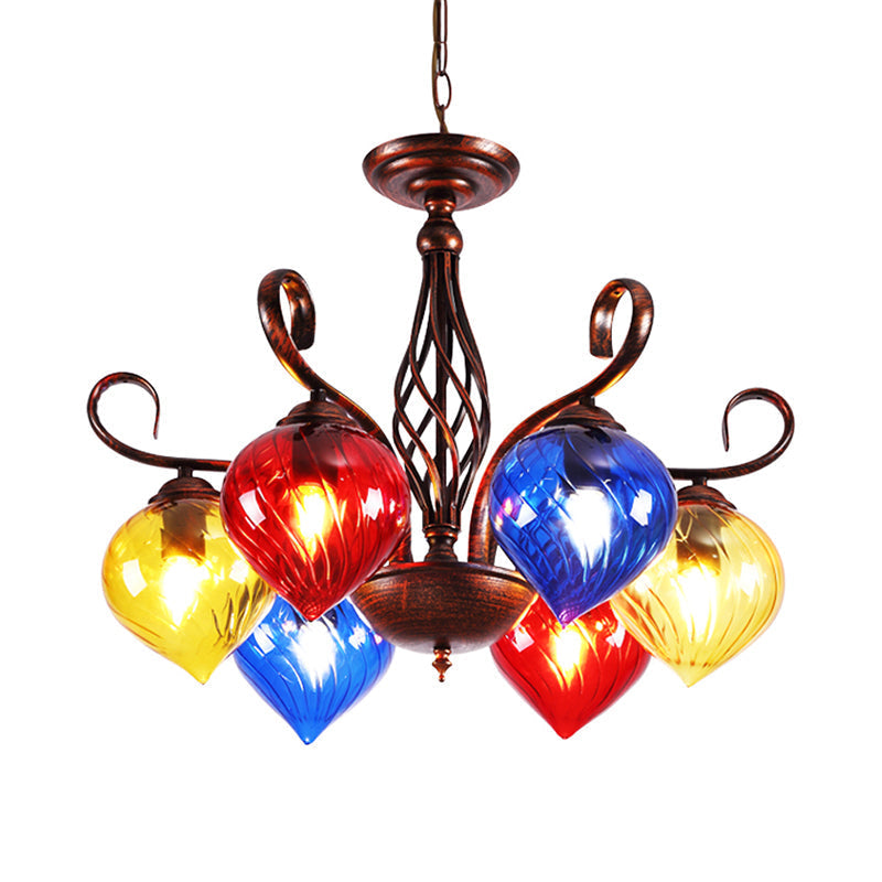 Red Brown Pine Chandelier Lamp - Antique 6-Head Colorful Glass Pendant Light