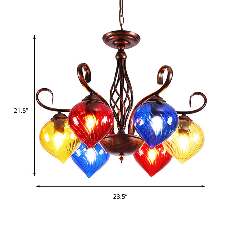 Red Brown Pine Chandelier Lamp - Antique 6-Head Colorful Glass Pendant Light