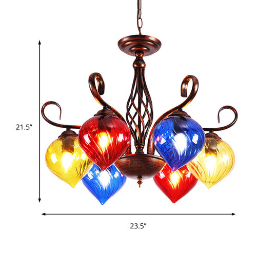 Red Brown Pine Chandelier Lamp - Antique 6-Head Colorful Glass Pendant Light