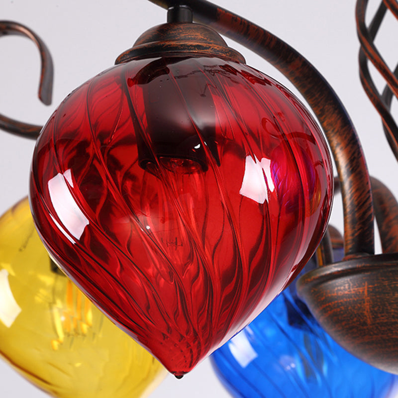 Red Brown Pine Chandelier Lamp - Antique 6-Head Colorful Glass Pendant Light