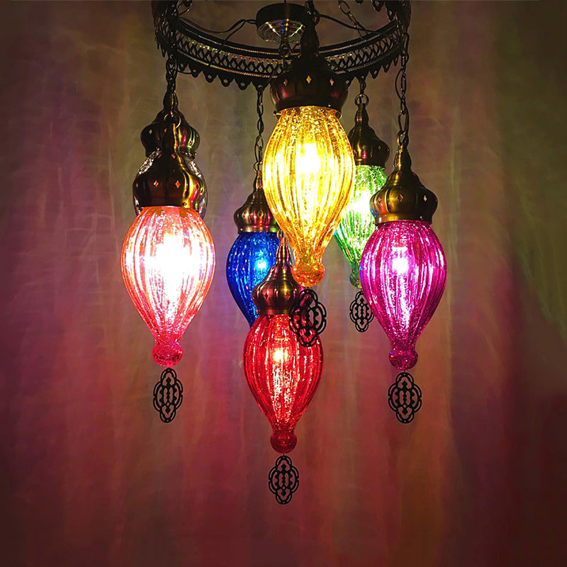 Tradition Urn Ceiling Chandelier - Colorful Glass 7 Bulbs Bronze Finish