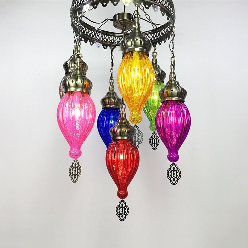 Tradition Urn Ceiling Chandelier - Colorful Glass 7 Bulbs Bronze Finish