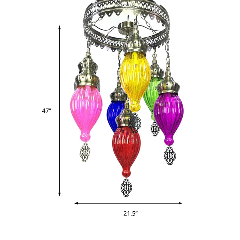 Tradition Urn Ceiling Chandelier - Colorful Glass 7 Bulbs Bronze Finish